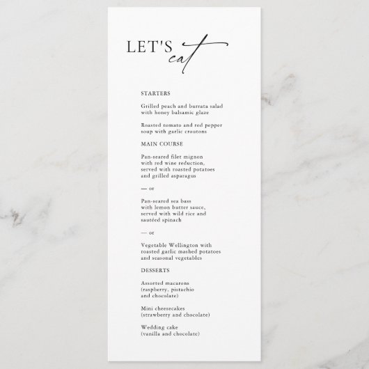 "Let's Eat" Elegant Zwart & Wit Bruiloft Menu (Voorkant)