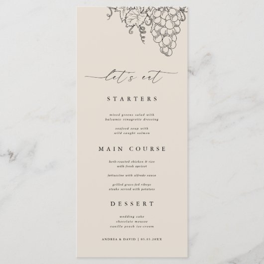 Let's Eat Napa Valley Vineyard Vinery Wedding Menu (Voorkant)