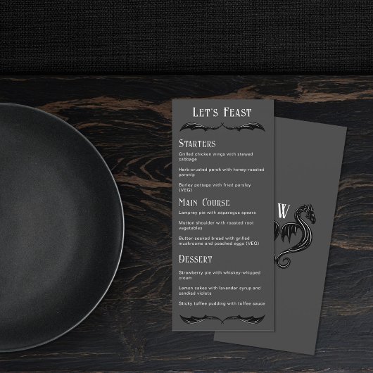 Let's Feast Grey Black Dragon Fantasy Wedding Menu