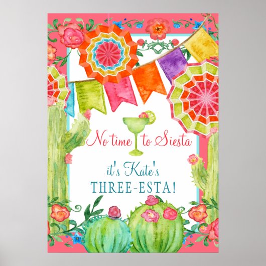 Lets Fiesta Cactus Floral 3rd Birthday Party Poster (Voorkant)
