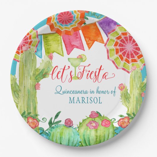 Lets Fiesta Cactus Quinceanera 15th Birthday Party Papieren Bordje (Voorkant)