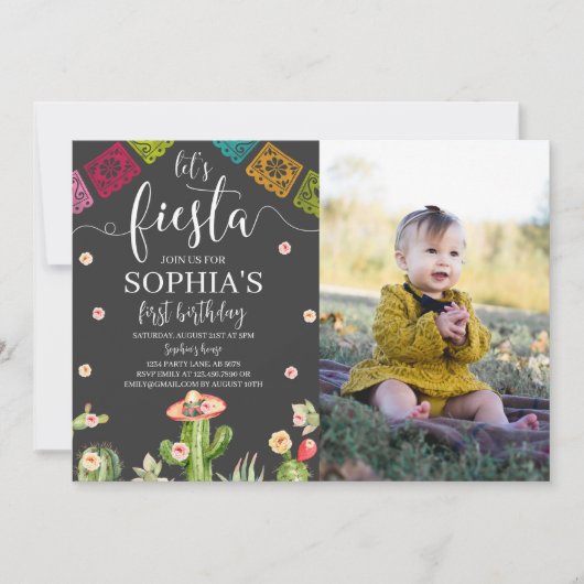 Let's Fiesta Verjaardag Foto Uitnodiging Zwart (Voorkant)