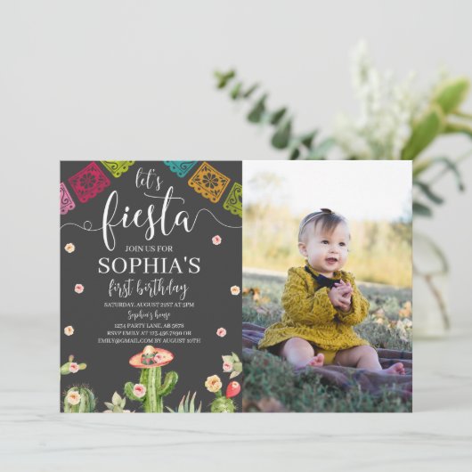 Let's Fiesta Verjaardag Foto Uitnodiging Zwart (Staand voorkant)