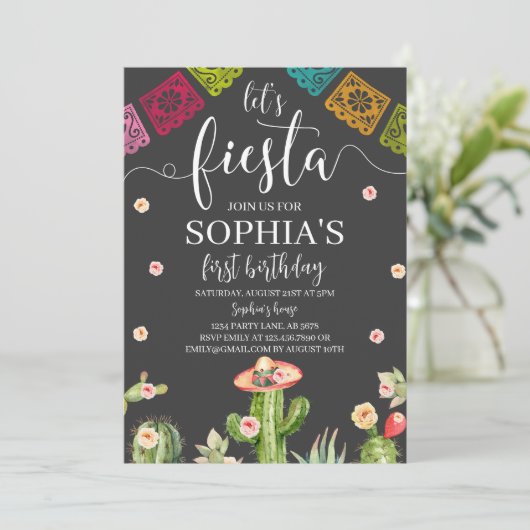Let's Fiesta Verjaardag Uitnodiging Zwart (Staand voorkant)