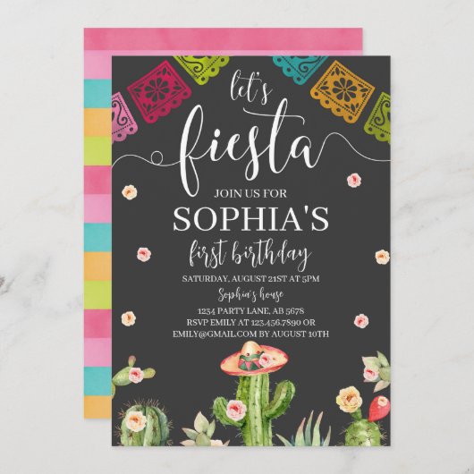 Let's Fiesta Verjaardag Uitnodiging Zwart (Voorkant / Achterkant)