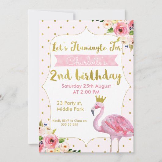 Let's Flamingle Floral 2nd Birthday Invitation Kaart (Voorkant)