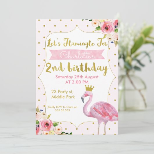 Let's Flamingle Floral 2nd Birthday Invitation Kaart (Staand voorkant)