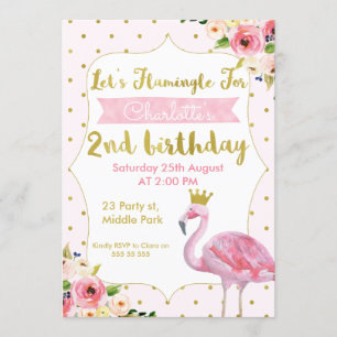 Let's Flamingle Floral 2nd Birthday Invitation Kaart