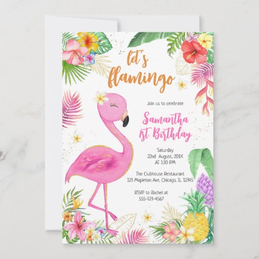Let's Flamingle Pink Girl Tropical Birthday Kaart (Voorkant)