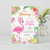 Let's Flamingle Pink Girl Tropical Birthday Kaart (Staand voorkant)