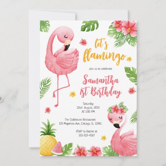 Let's Flamingle Pink Girl Tropical Birthday Kaart (Voorkant)
