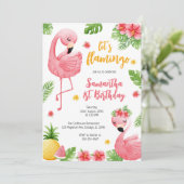 Let's Flamingle Pink Girl Tropical Birthday Kaart (Staand voorkant)