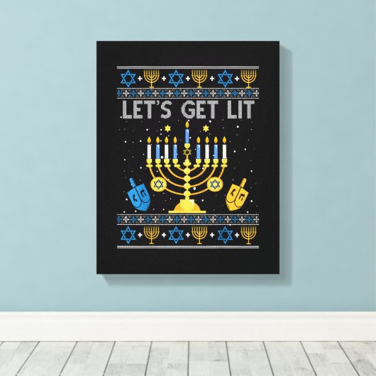 Let's Get Lit Chanukah Hanukkah Funny Christmas Ug Canvas Afdruk (Insitu (Houten vloer))