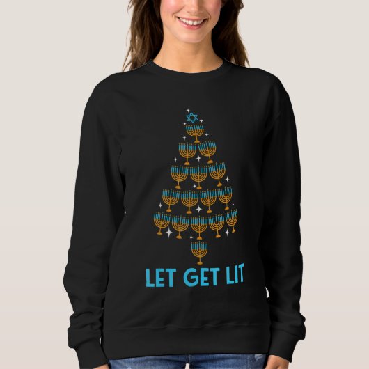 Lets Get Lit Menorah Christmas Tree Ugly Hanukkah  Trui (Voorkant)