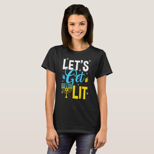 Let's Get Lit Menorah Hanukkah Jewish T-shirt (Voorkant volledig)