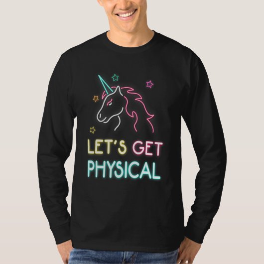 Let's Get Physical 80s Retro Workout Unicorn T-shirt (Voorkant)