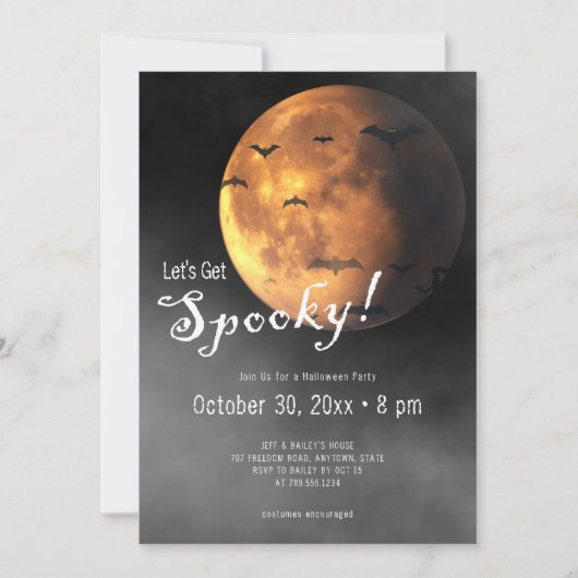 Let's Get Spooky Full Moon & Bats Halloween Party Kaart (Voorkant)