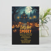 Let's Get Spooky Haunted House Halloween Party Kaart (Staand voorkant)
