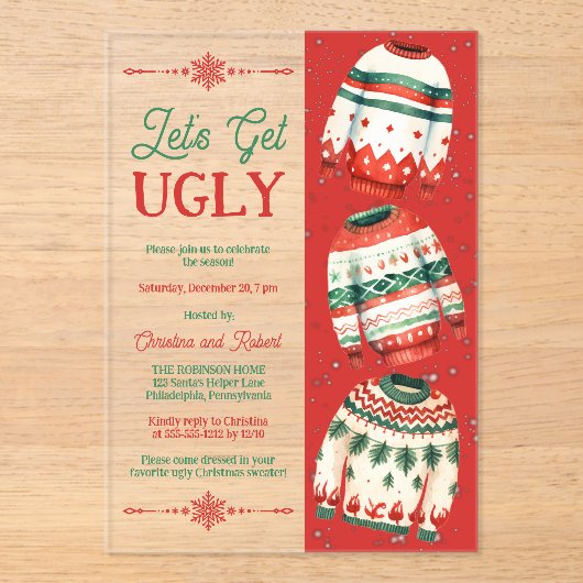 Let's Get Ugly Christmas Sweater Party Acryl Uitnodigingen (Voorkant)