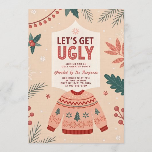 Let's Get Ugly Retro Christmas Ugly Sweater Party Kaart (Voorkant)