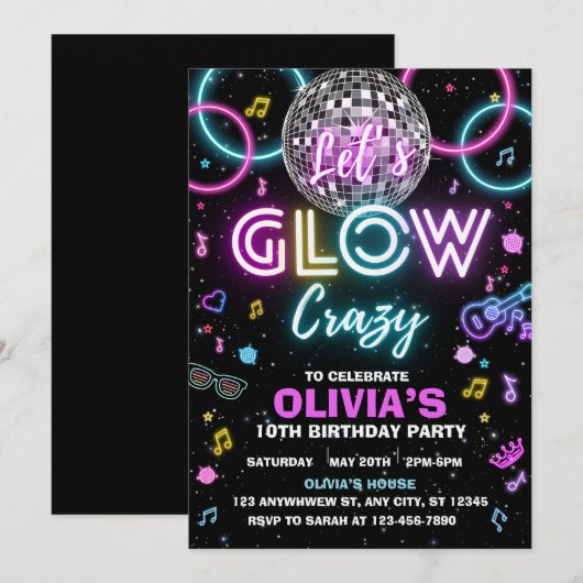 Let's Glow Crazy discofeest uitnodiging - discobal (Voorkant / Achterkant)