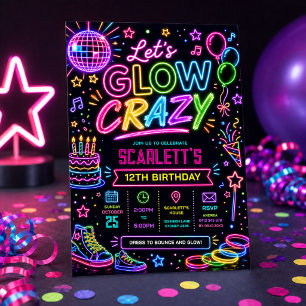 Let's Glow Crazy: Neon Disco Verjaardagsfeestje Kaart