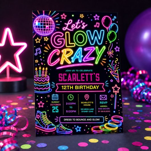 Let's Glow Crazy: Neon Disco Verjaardagsfeestje Kaart