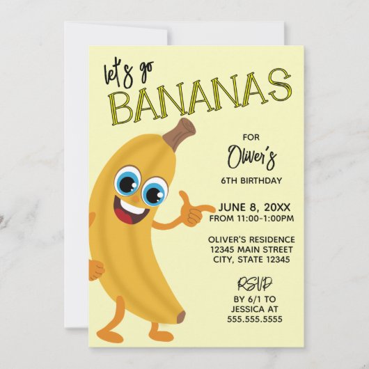 Let's Go Bananas Kids Birthday Invitation Kaart (Voorkant)