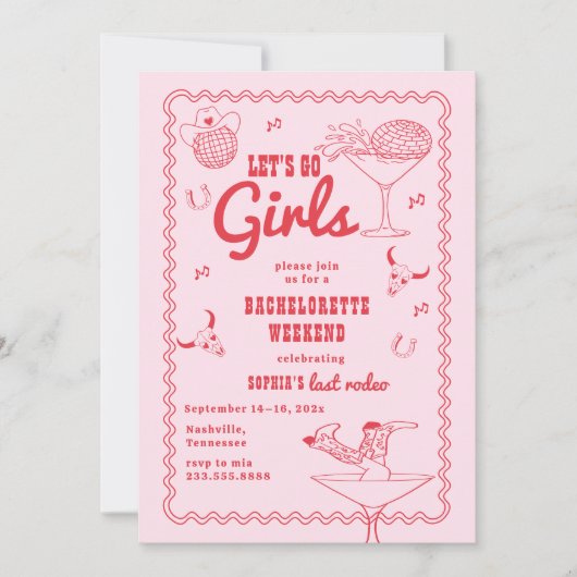 Let's Go Girls Cowgirl Roze en Rode Bachelorette Kaart (Voorkant)