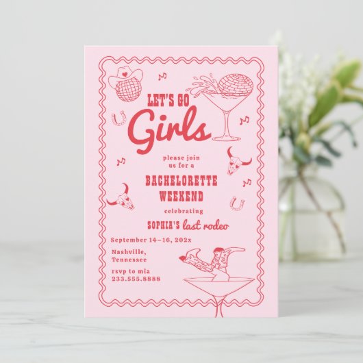 Let's Go Girls Cowgirl Roze en Rode Bachelorette Kaart (Staand voorkant)