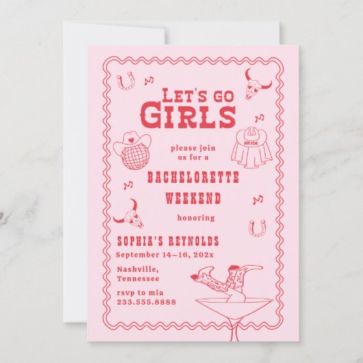 Let's Go Girls Cowgirl Roze en Rode Bachelorette Kaart (Voorkant)