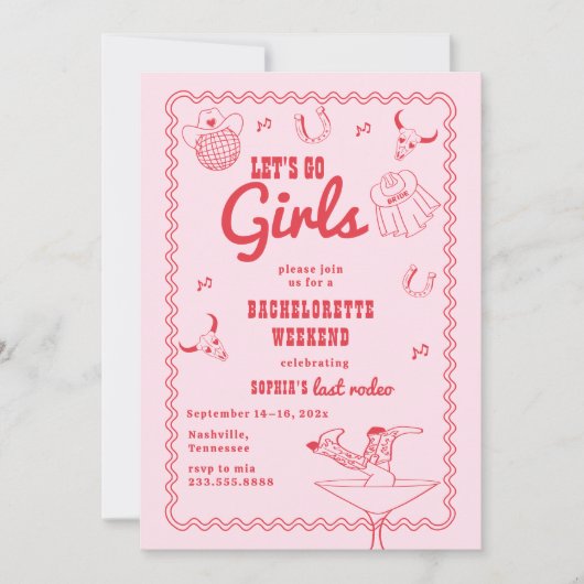 Let's Go Girls Cowgirl Roze en Rode Bachelorette Kaart (Voorkant)
