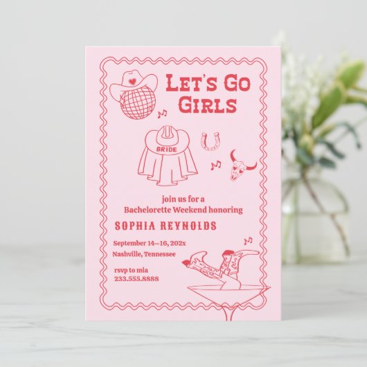 Let's Go Girls Cowgirl Roze en Rode Bachelorette Kaart (Staand voorkant)