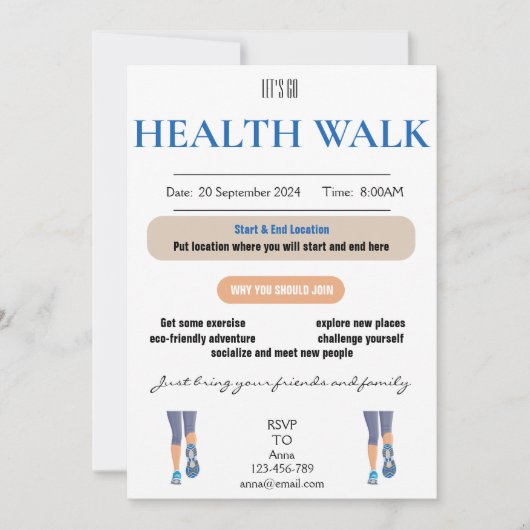 Let's Go Health Walk Invitation Kaart (Voorkant)