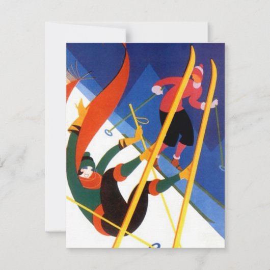 "LET'S GO SKIING", kunstdecostijl skiing Uitnodigi Kaart (Voorkant)