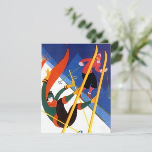 "LET'S GO SKIING", kunstdecostijl skiing Uitnodigi Kaart (Staand voorkant)