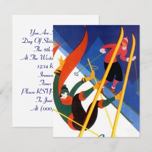 "LET'S GO SKIING", kunstdecostijl skiing Uitnodigi Kaart (Voorkant / Achterkant)