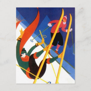 "LET'S GO SKIING", kunstdecostijl skiing Uitnodigi Kaart