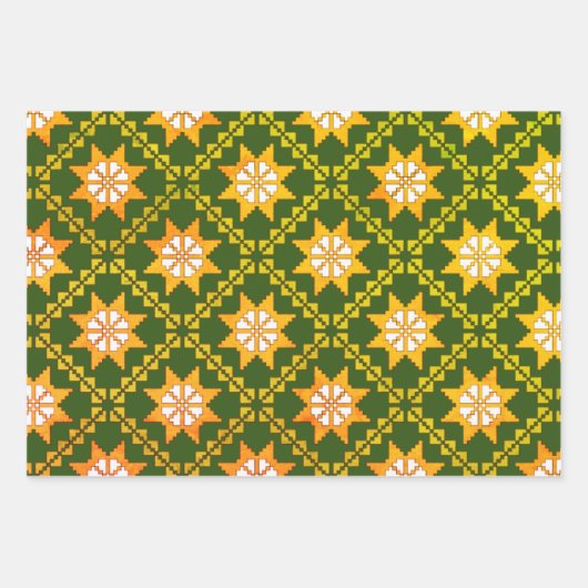 Lets -groene folkkunst Auseklis-patroon  Inpakpapier Vel (Voorkant 3)