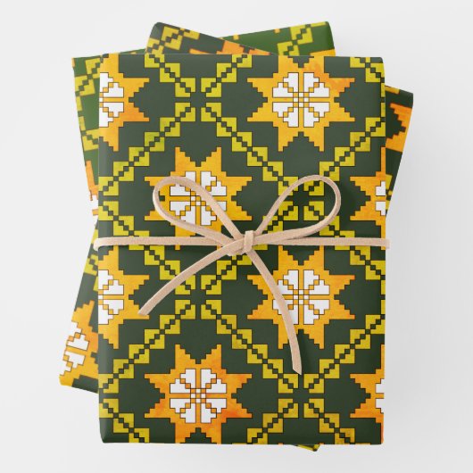 Lets -groene folkkunst Auseklis-patroon Inpakpapier Vel (In situ)