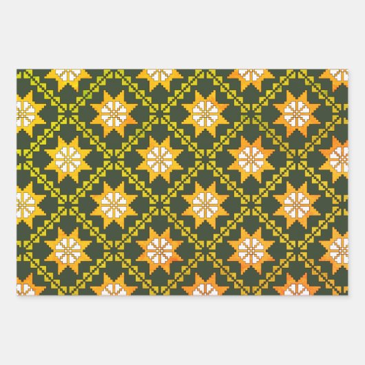 Lets -groene folkkunst Auseklis-patroon  Inpakpapier Vel (Voorkant)