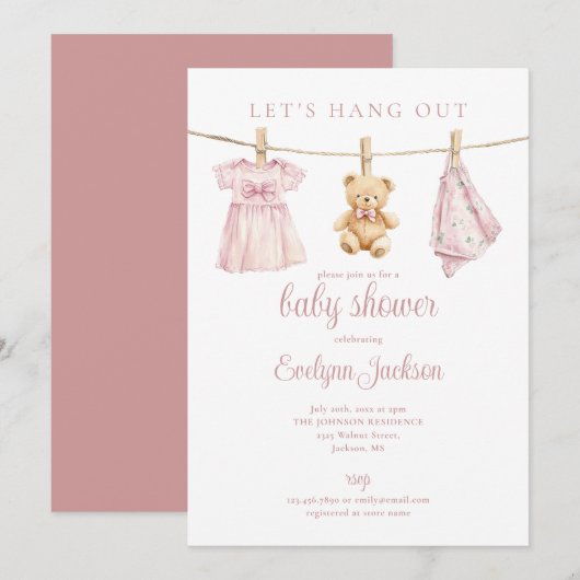 Lets Hang Out Pink Girl Clothesline Baby Shower Kaart (Voorkant / Achterkant)