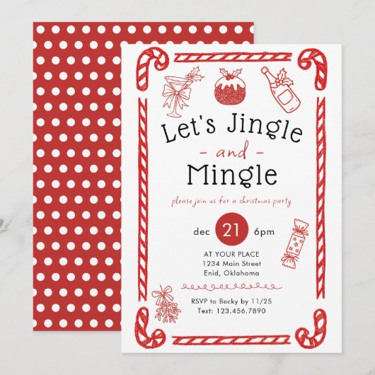Let's Jingle and Mingle Red Doodle Holiday Party Kaart (Voorkant / Achterkant)