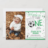 Let's Kick It Green Soccer Foto 1e verjaardag Kaart (Voorkant)