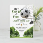 Let's Kick Up the Fun Boy Kids Soccer Birthday Kaart (Staand voorkant)