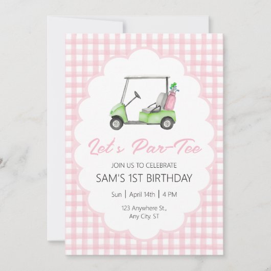 Let's Par - T-shirt Roze Golfverjaardagsfeestje Kaart (Voorkant)