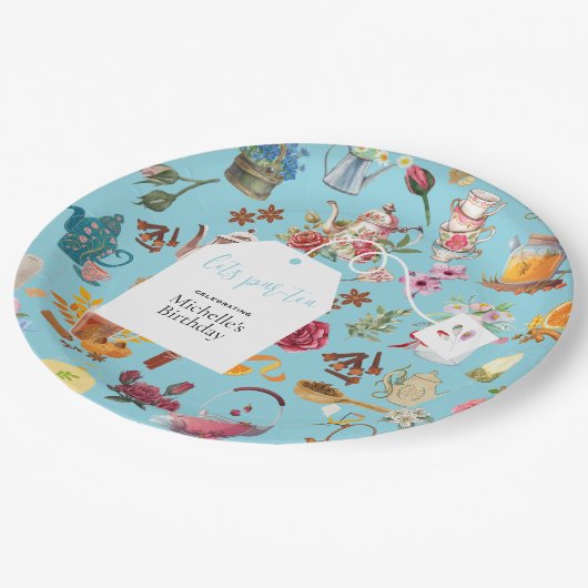 Let's par Tea Blue Garden Bloemen Verjaardagsfeest Papieren Bordje (Gekanteld)