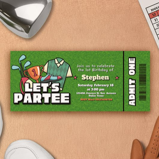 Lets Partee - Golf Birthday Ticket Invitation Kaart