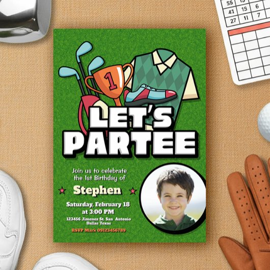 Lets Partee - Golf verjaardagsuitnodiging met foto Kaart
