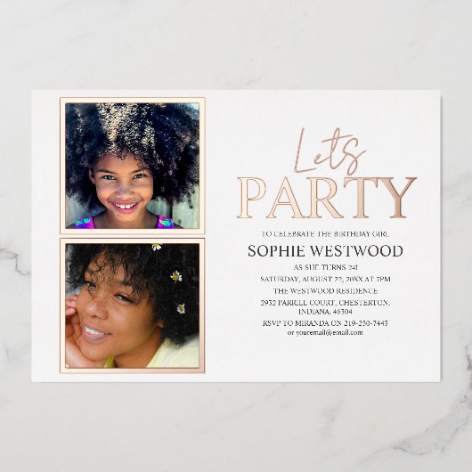 Lets Party | 2 Foto Birthday Party Folie Uitnodiging (Voorkant)